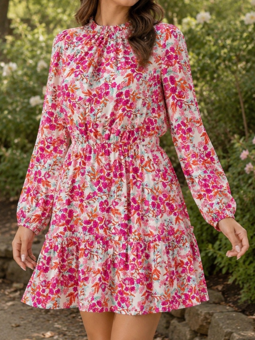 Sugarlips Fancy You Floral Balloon Sleeve Romantic Sparkly Dress - Pink Orange S